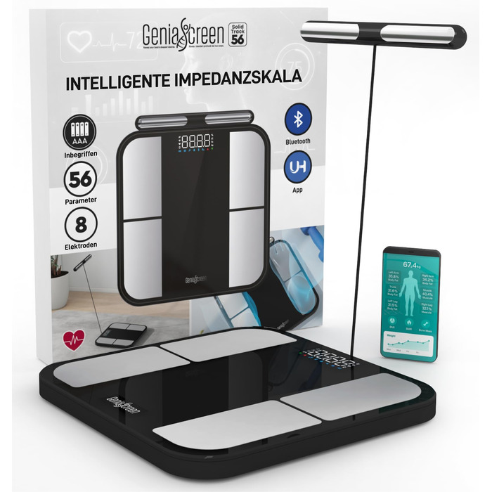 Вага для вимірювання жиру в тілі GeniaScreen SolidTrack - розумна вага з Bluetooth, LED-дисплеєм, 56 вимірювань, 180 кг, скло