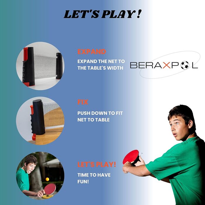 BERAXPOL Набір для настільного тенісу Premium, портативний, все в одному | М'ячики, сітка, сумка | Для сім'ї, подарунок