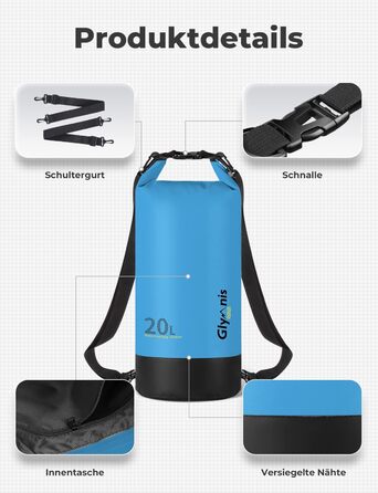 Водонепроникний мішок Glymnis Dry Bag 10L/20L: Сумка для водного спорту, пляжу, кемпінгу (Блакитний)