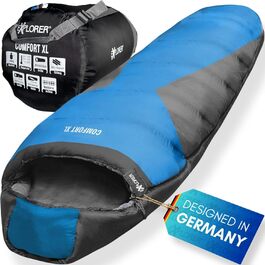 Сплячий мішок EXPLORER® Comfort XL -23°C -5°C для дорослих, 3-4 сезони, зимовий, 230x85x70cm, 1900g, комбінується, для кемпінгу, трекінгу та подорожей (Синій/Сірий)