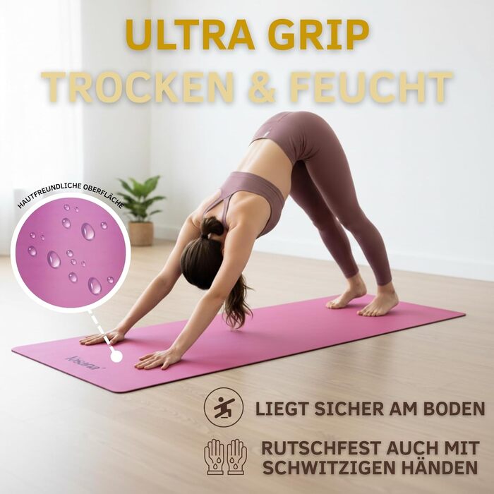 Килимок для йоги з натурального каучуку | ULTRA GRIP | ECO PU | 183x68 см, 4 мм | з ремінцем | Зелений Мандала (Фіолетовий)