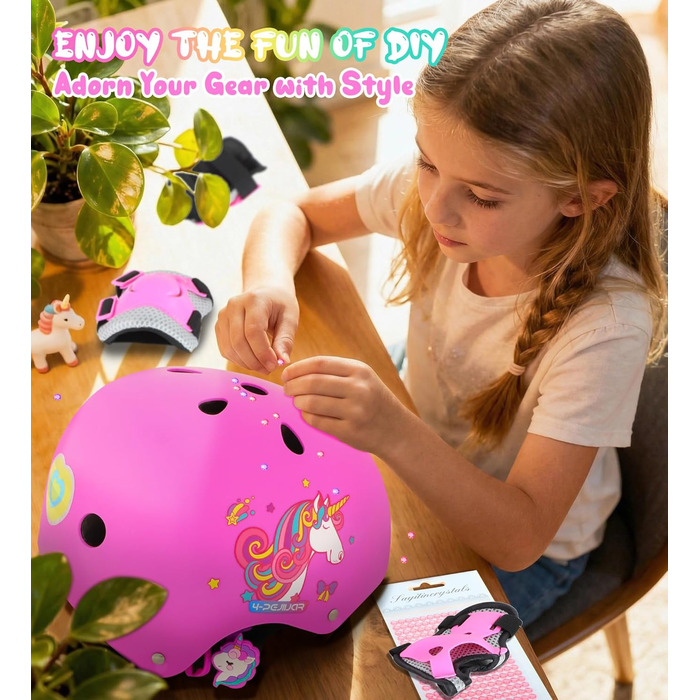 Дитячий шолом Einhorn для дівчаток з наколінниками. Захист для роликів, скейтборду, самокату та велосипеда. Розмір S (3-6 років). Рожевий колір.