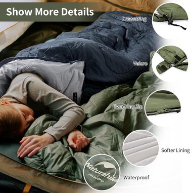 Сплячий мішок Naturehike з капюшоном, ковдровий спальник для кемпінгу, легкий та зручний, ідеальний для відпочинку на природі та подорожей, армійного кольору (7~11°C)