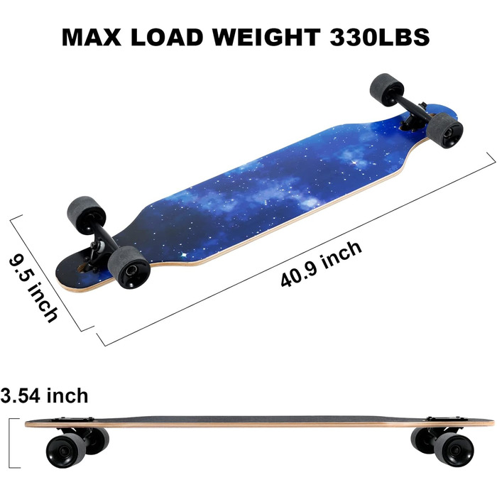 Лонгборд Skateboard 41 дюйм Drop Through, 9-шаровий клен, для дорослих, підлітків та дітей - преміум круїзер з високошвидкісними підшипниками та T-інструментом (Night Sky)