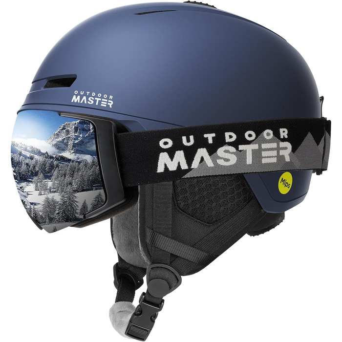 Комплект шолом та маска OutdoorMaster MIPS PRO для лиж і сноуборду, регульований, синій, для чоловіків, жінок і дітей, розмір M