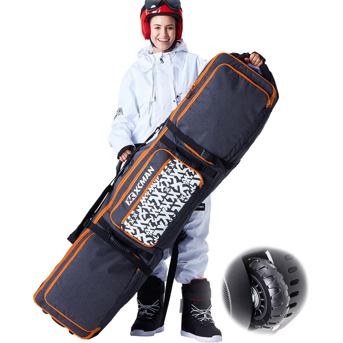 Сумка для сноуборду XCMAN з підкладкою та колесами, розширювана сумка-тележка для перевезення літаком, регульована довжина, водонепроникна, з захисними ребрами (Помаранчевий)