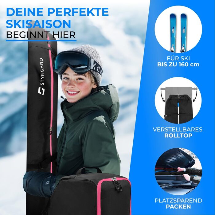 Набір STYNGARD для гірськолижного спорядження: сумка для лиж (120-160 см) та сумка для черевиків з відділенням для шолома (40 л), сітка для вентиляції, модель St. Moritz, чорно-рожевий