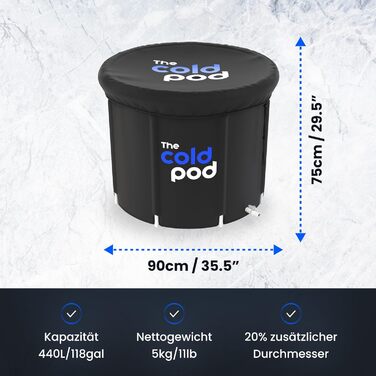 Крижана ванна The Cold Pod 440 л для атлетів з кришкою, портативна складна ванна для криотерапії, для дому та вулиці, для дорослих