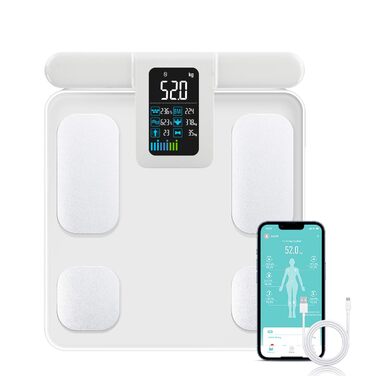 Fitdays Розумна вага для аналізу складу тіла - 8 електродів, точна цифрова вага BMI з Bluetooth, 20+ показників, синхронізація для 6 користувачів (FG2015ULB-Weiß)