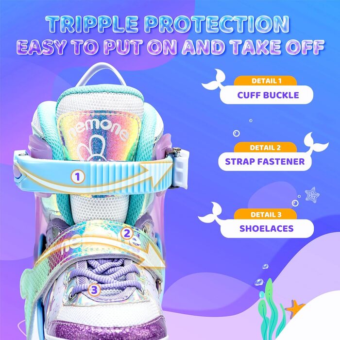 Інлайнери NEMONE для дівчаток, 4 розміри, регульовані, блакитний/фіолетовий, для дому та вулиці, розмір 37-39 EU, модель 'Морська русалка'