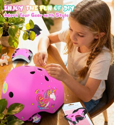 Дитячий шолом Einhorn для дівчаток з наколінниками. Захист для роликів, скейтборду, самокату та велосипеда. Розмір S (3-6 років). Рожевий колір.