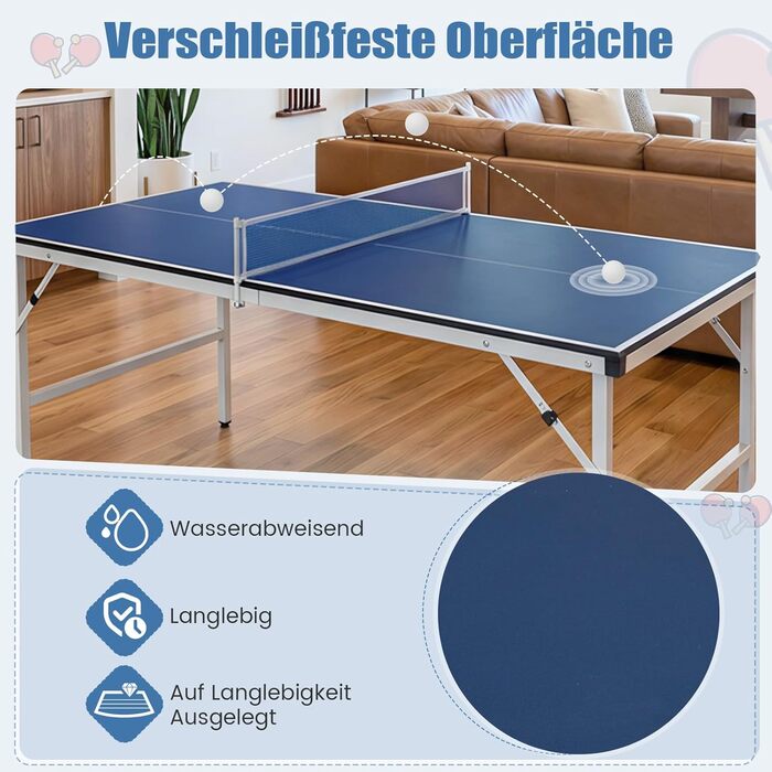 COSTWAY Міні стіл для пінг-понгу складний, стіл для тенісу вологостійкий, з сіткою, 2 ракетки та м'ячі, готовий до використання, для відпочинку в приміщенні та на вулиці, 152,5 x 76 x 71 см