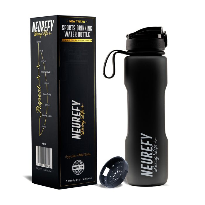 Спортивна пляшка 1л Tritan Матова Чорна - Не протікає, Зручна, Без BPA - Пляшка з індикатором об'єму та фільтром - Для спортзалу, фітнесу, активного відпочинку, офісу, університету, школи 1л - Матовий Чорний