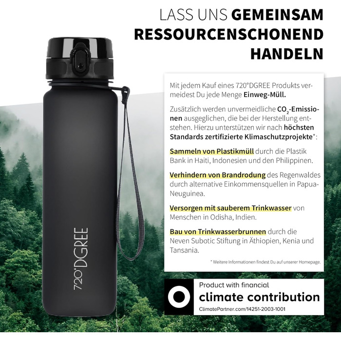 Спортивна пляшка для води 1л 720°DGREE 'uberBottle' з контейнером для фруктів - Tritan, BPA-Free, Softtouch, для спорту, фітнесу, велосипеду, універу, активного відпочинку. Чорний колір, 1000 мл