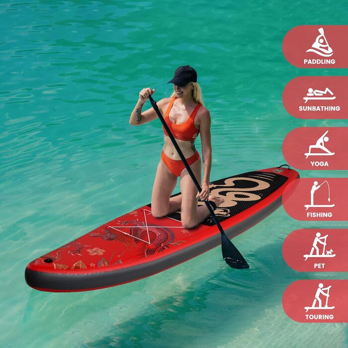 Надувна SUP-дошка FEATH-R-LITE для дорослих і підлітків, комплект: помпа, рюкзак, весло, ремінь, червоний дракон, для всіх рівнів
