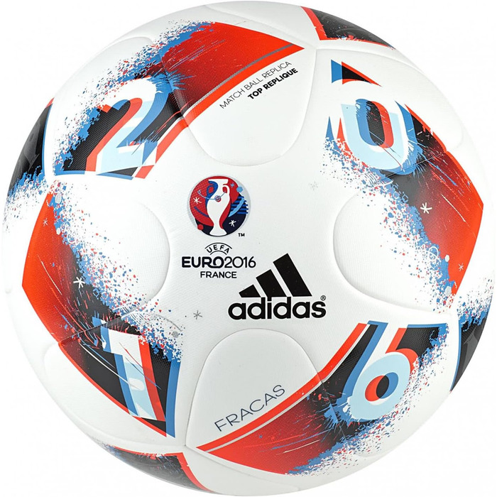 Футбольний м’яч adidas Euro 2016 Fracas Top Replica, розмір 5, біло-синьо-червоний, сріблястий