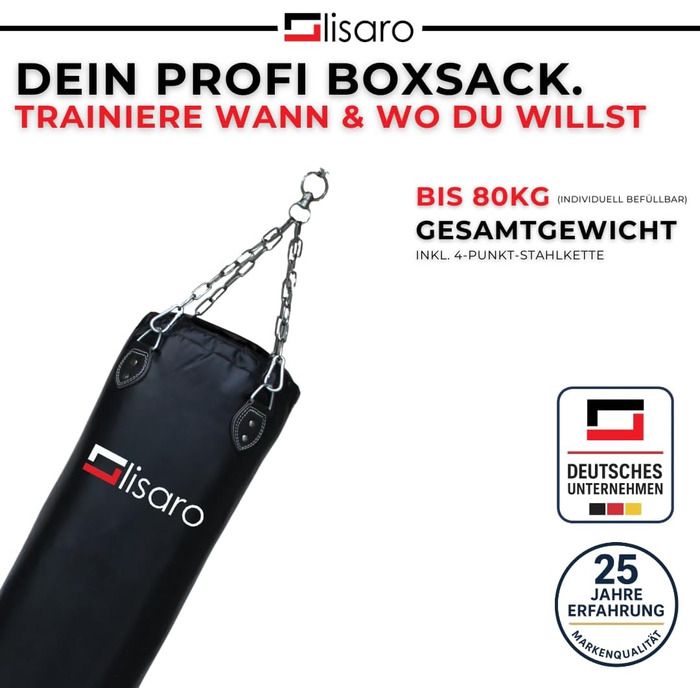 Боксерський мішок Lisaro Profi Boxsack 120x35 см для боксу, кікбоксингу та MMA, штучна шкіра (вініл), чорний, без наповнення