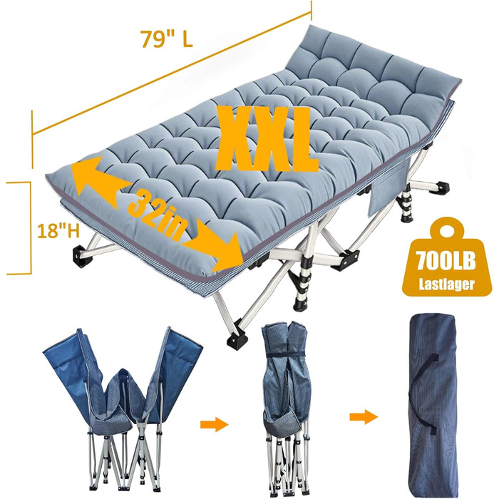 Кемпінгове ліжко з матрацом, розкладне, для відпочинку на природі та вдома, 200 кг, сіре