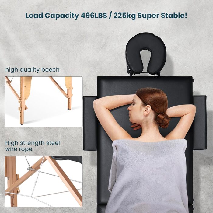 Складаний мобільний масажний стіл BODIOO з дерев'яними ніжками, 2 зони, регульована висота, до 250 кг, чорний