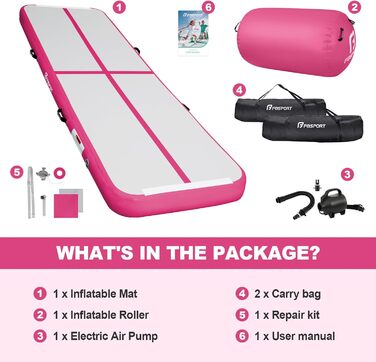 FBSPORT Килимок для гімнастики та йоги надувний, 400x100x10 см (рожевий) з ролею 100x60 см, 10 см товщини