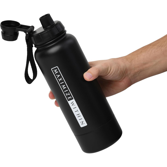 Термос-пляшка з нержавіючої сталі, вакуумна ізоляція, потрійна стінка, з подвійним кришками (соломинка та виливний носик) + приховане відділення для зберігання, без витоку, багаторазове використання, чорна туристична термопляшка