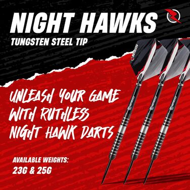 Професійний набір дротиків RUTHLESS Night Hawk із вольфраму зі сталевим наконечником, 23 г і 25 г, з оперенням і стрижнями