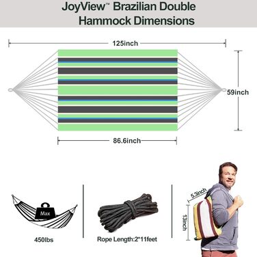 Гамак бразильський подвійний JoyView 220x150 см, бавовна, смугастий (зелено-чорний), до 204 кг, для тераси, саду, веранди