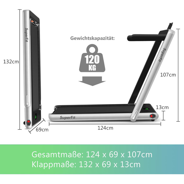 Бігова доріжка COSTWAY 2 в 1, складана, 2,25 к.с., під стіл, з APP, Bluetooth, пультом, 1-12 км/год, для дому, срібляста