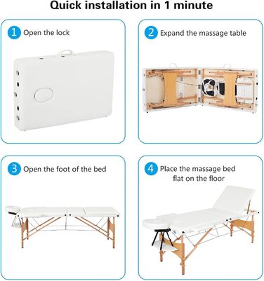 Мобільна массажна кушетка Mondeer, складана терапевтична кушетка, легкий масажний стіл, регульована висота, 3 зони (білий)