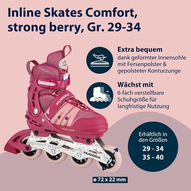 Інлайнери для дітей та підлітків Hudora Comfort Strong Berry, 29-34, регульовані, дихаючі