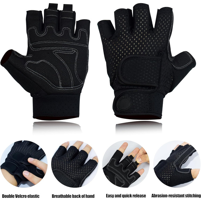 Фитнес рукавички для чоловіків та жінок, тренувальні рукавички для залу, силових тренувань, важкої атлетики, греблі та велоспорту, чорний, розмір M
