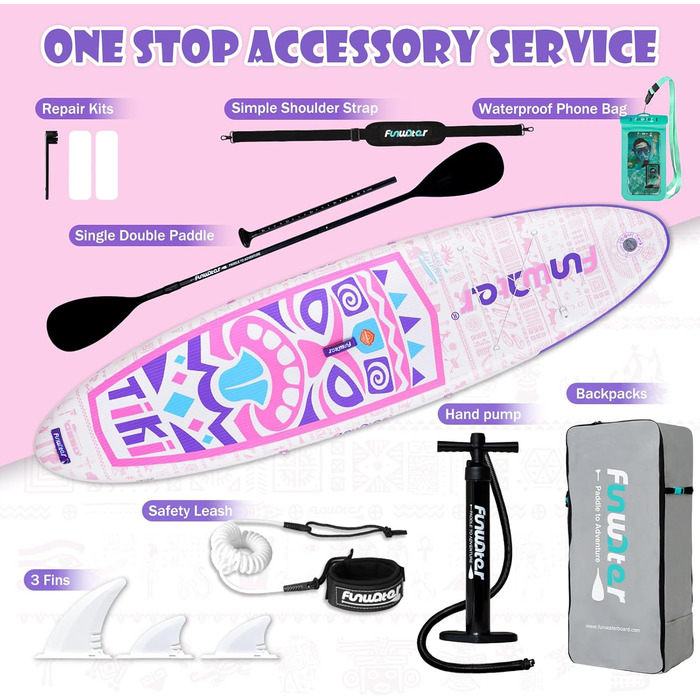 Надувний SUP Борд FunWater 10'6'-11'6' – для початківців та сімей, з антиковзким EVA-деком, веслом, насосом та аксесуарами (10'6-TIKI-Pink/Violett/Weiß)