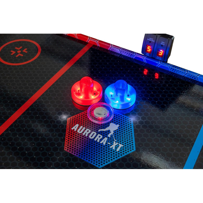 Airhockey стіл Aurora-XT від Carromco – великий стіл для аір-хокею з LED підсвіткою для дітей та дорослих від 7 років, 131x62x79 см, з LED шайбами та пушером, блок живлення