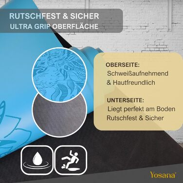 Йога мат Yosana з натурального каучуку | надзвичайно неслизький | поверхня ULTRA GRIP з ECO PU | 183x68 см, 4 мм, світло-блакитний, з ручкою для перенесення