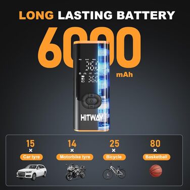 Електрична портативна насосна станція HITWAY 6000mAh, 150PSI, акумуляторний компресор для авто, велосипедів, мотоциклів і м'ячів, з функцією Powerbank
