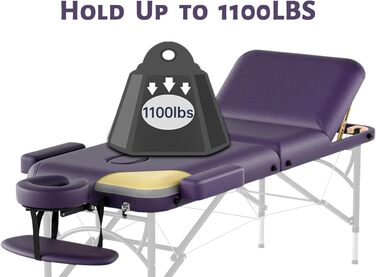Професійний масажний стіл DOVANS, переносний, 3-секційний, преміум піна Memory Foam, алюмінієві ніжки, навантаження до 500 кг, 8 рівнів висоти, регульований, з чохлом, фіолетовий