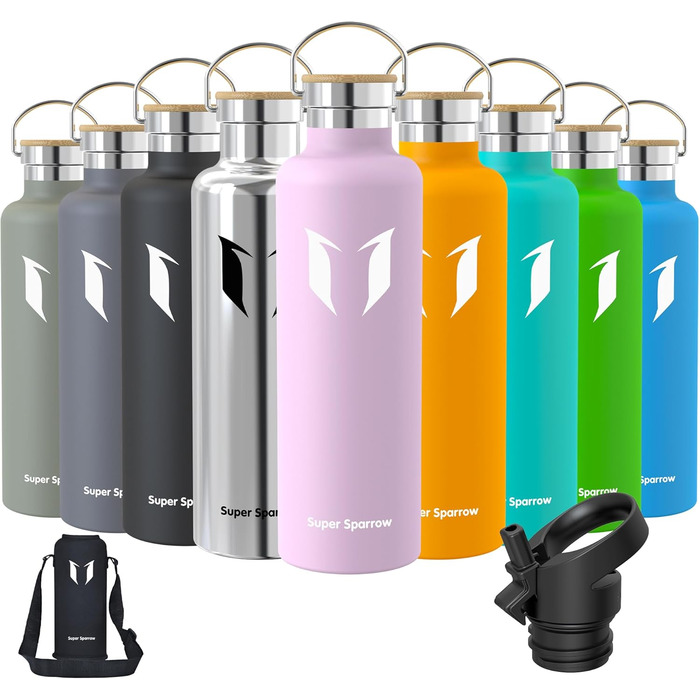 Термос-пляшка Super Sparrow з нержавіючої сталі - 350/500/620/750/1000 мл - Без витоку, BPA-Free. Ідеально для дітей, спорту, школи, фітнесу. З двома кришками (1000 мл, з квітковим дизайном)