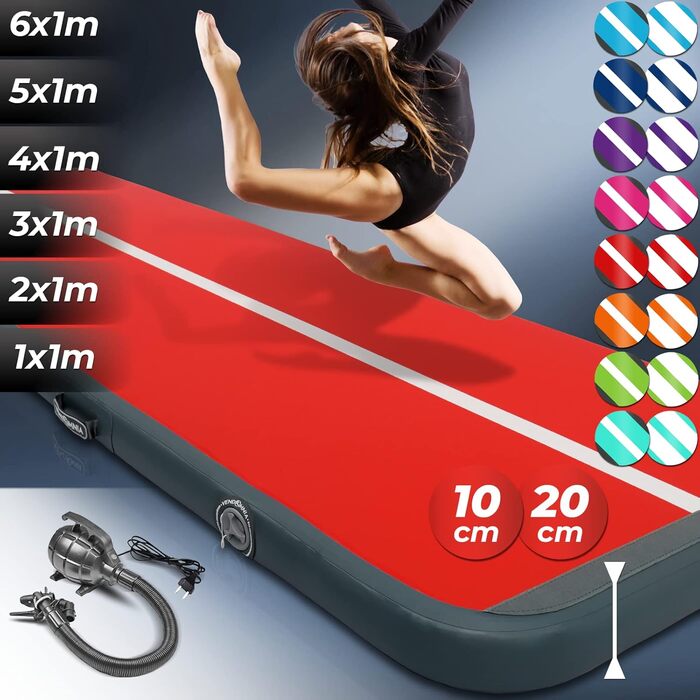 Надувний гімнастичний мат VENDOMNIA Airtrack Matte, 10/20 см заввишки, довжиною 1/2/3/4/5/6/7/8 м, з електричним насосом та сумкою. Ідеально для гімнастики, акробатики, фітнесу, йоги та тренувань. Колір: червоно-сірий, розмір 400*100x20 см