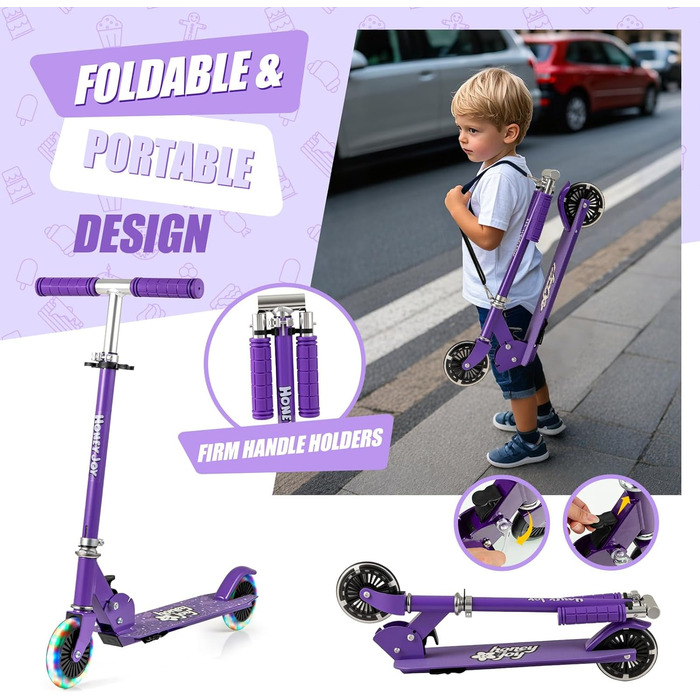 Самокат дитячий Kinder Scooter з LED-колесами, алюмінієвий, складаний, 3 регульовані висоти, до 50 кг, фіолетовий, зі стійкою та ременем безпеки