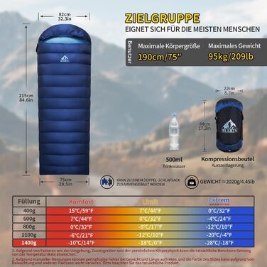 Спальний мішок зимовий Daunenschlafsack: теплий та легкий для дорослих та дітей, 680FP, для походів, альпінізму, кемпінгу. Чорний 0°C (Блакитний -10°C)