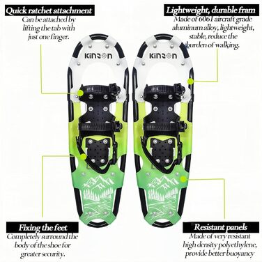 Снігоступи KinZon 3-в-1: легкі, міцні, з трекінговими палками та сумкою, підйом на п'яті, для походів, зелені, 63.5 см (для ваги 54-86 кг)