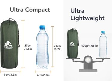 Килимок для кемпінгу Unigear 500g, Ultralight, надувний, 150x60 см, для туризму та відпочинку на природі, армійний зелений з подушкою