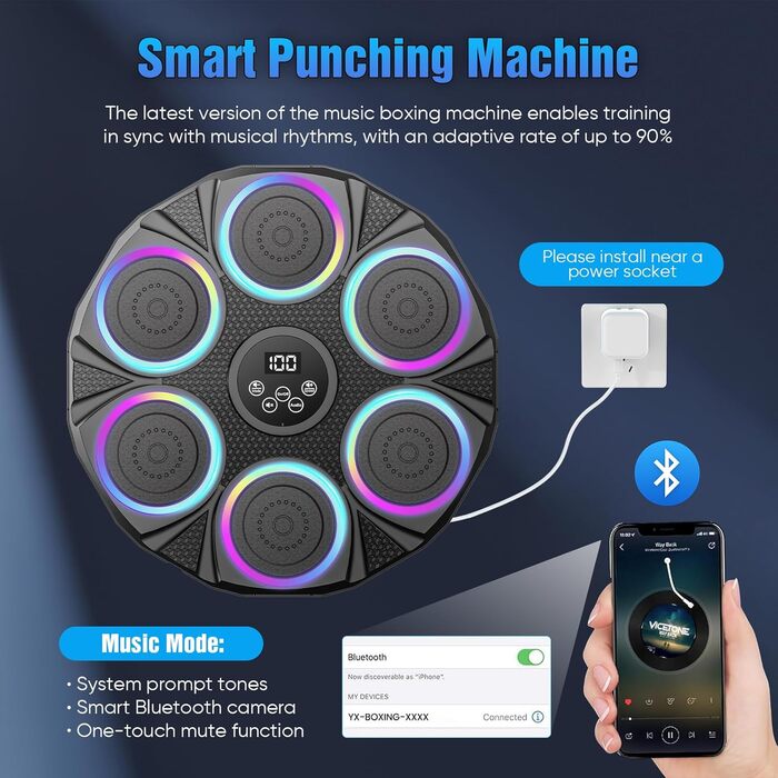 Музична боксерська машина з LED-підсвіткою та Bluetooth, настінна ціль для боксу, 9 режимів швидкості та режим підрахунку, для дорослих та дітей