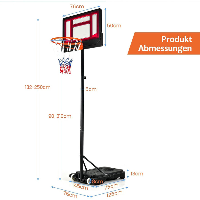 Баскетбольний кошик GOPLUS для дітей та підлітків, регульована висота 90-210см, портативний стійкий баскетбольний стенд з колесами та щитом 76x50см (Червоний)