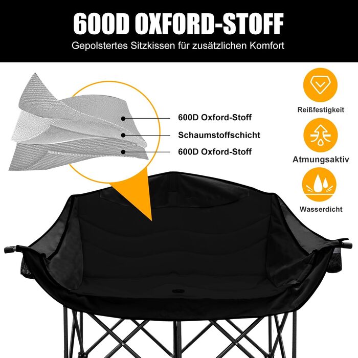 Двомісний розкладний крісло-диван для кемпінгу з підстаканниками (чорний)