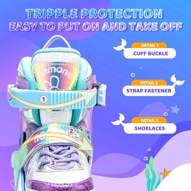 Інлайнери NEMONE для дівчаток, 4 розміри, регульовані, блакитний/фіолетовий, для дому та вулиці, розмір 37-39 EU, модель 'Морська русалка'