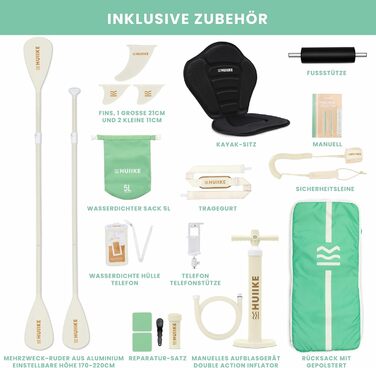 Надувний SUP-борд HUIIKE Stand Up Paddle Board з аксесуарами: весло, фіни, насос. Стабільний та міцний, 305 × 84 × 15 см, до 130 кг (Paulownia Mint - Full Pack)
