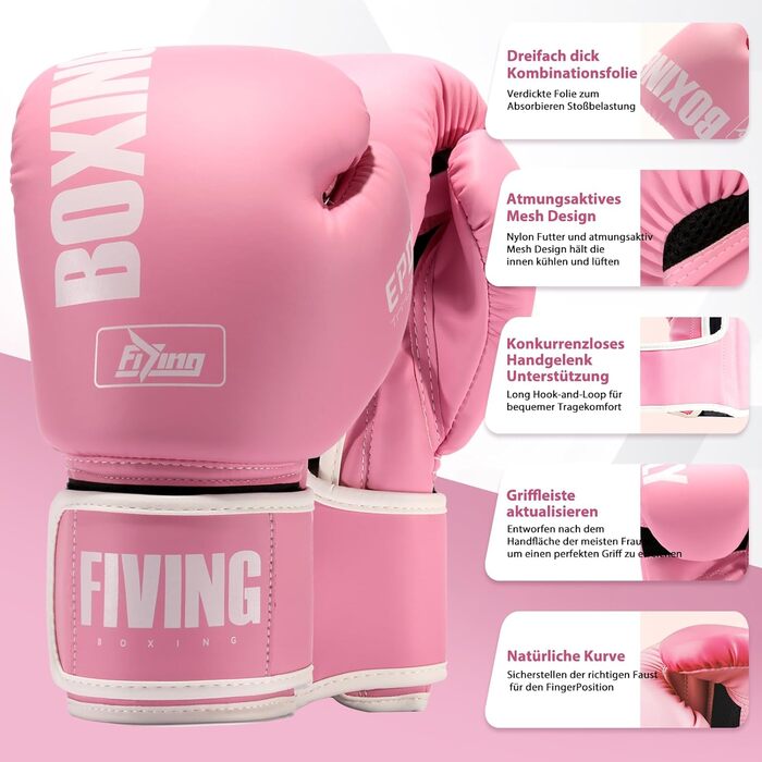 Боксерські рукавички жіночі FIVING Pro Style 12oz рожеві для тренувань, муай тай, спарингу, боксерського мішка, PU шкіра