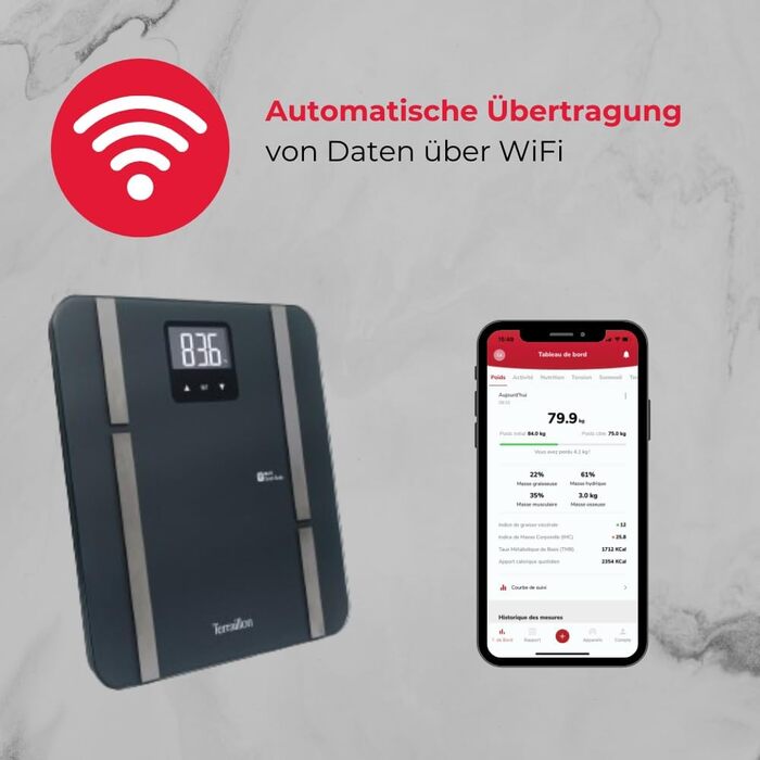 Вага TERRAILLON MASTER FIT ULTRA з підключенням Wi-Fi, аналіз складу тіла (жир, м'язи, вода, кістки, вісцеральний жир), BMI, щоденна калорійність