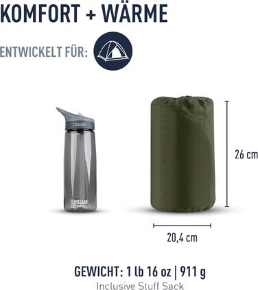Килимок для кемпінгу Sea to Summit Camp Pad Sef Інфлютор - великий, теплий, з вовною, комплект для ремонту, клапан Pillow, 4 пори року, 198x64 см, зелений, 1185 г